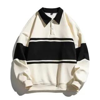 Long-Sleeve Striped Polo-Neck Sweatshirt Almond by Acrius