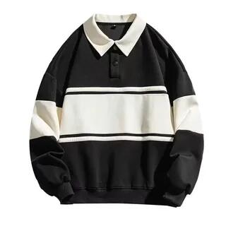 Long-Sleeve Striped Polo-Neck Sweatshirt Black by Acrius