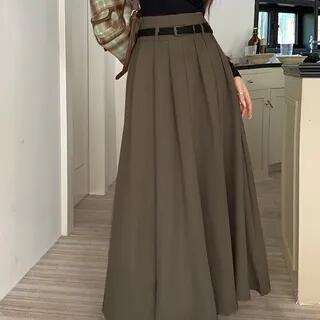 High Waist Plain Pleated Maxi A-Line Skirt Dark Brown by monroll