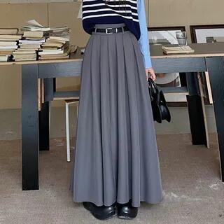 High Waist Plain Pleated Maxi A-Line Skirt Dark Gray by monroll
