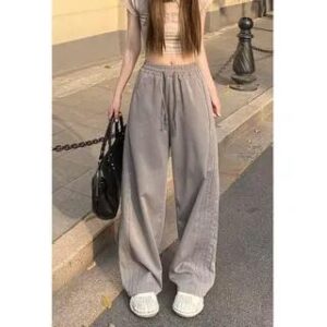High Waist Plain Striped Loose-Fit Wide-Leg Sweatpants Gray 281405058