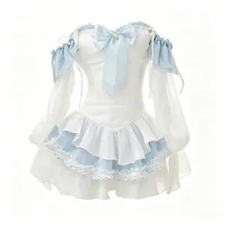 Puff-Sleeve Off-Shoulder Two Tone Lace Trim Mini A-Line Dress / Patterned Lace-Up Corset Belt Dress - Blue & White by Metonymph