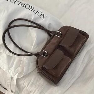 Bow Accent Flap Pocket Panel Faux Suede Bowler Bag Faux Suede - Coffee - No Ribbon 281405121