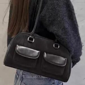 Bow Accent Flap Pocket Panel Faux Suede Bowler Bag Faux Suede - Black - No Ribbon 281405122