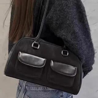 Bow Accent Flap Pocket Panel Faux Suede Bowler Bag Faux Suede - Black - No Ribbon by Letheroni