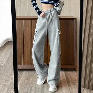 Drawstring Waist Plain Wide Leg Cargo Sweatpants Light Gray by monroll