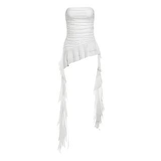 Plain Ruffle Asymmetrical Ruched Tube Top White by Bababy