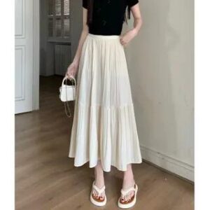 High Waist Plain Crinkle Midi A-Line Skirt Almond 281405262