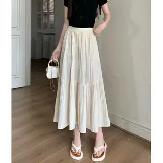 High Waist Plain Crinkle Midi A-Line Skirt Almond by Happo