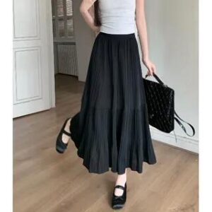 High Waist Plain Crinkle Midi A-Line Skirt Black 281405269