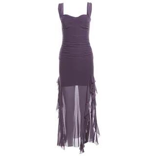 Sleeveless Square-Neck Plain Ruched Mesh Slit Midi Dress Purple by Sosana