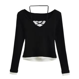 Long Sleeve Mock Two Piece Lace Panel Knitted Slim-Fit Top Black by Asiris