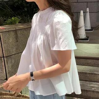 Short-Sleeve Crewneck Frill Trim Plain Blouse White by Coris