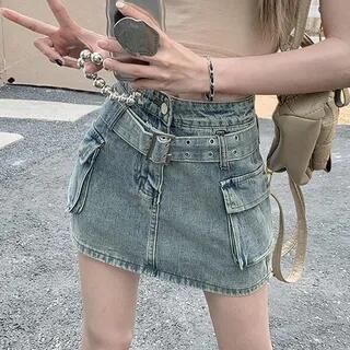High Waist Belted Washed Denim Mini Pencil Skirt Blue by Rosesand