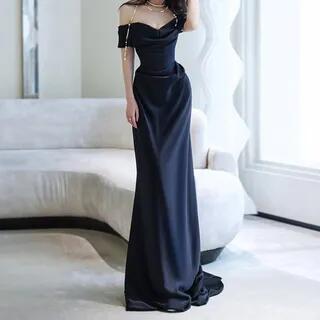 Off-Shoulder Plain Sheath Evening Gown Black by Fioridi