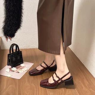 Square-Toe Block Heel Buckled Slingback Sandals Wine Red by Vindler