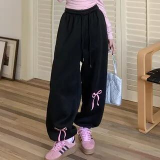 Drawstring Waist Bow Print Harem Sweatpants Black by monroll