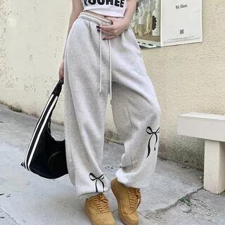 Drawstring Waist Bow Print Harem Sweatpants Gray by monroll