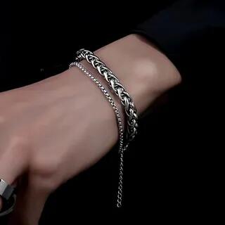 Layered Chain Bracelet Double Layer Bracelet - Silver - 22cm by Soosina