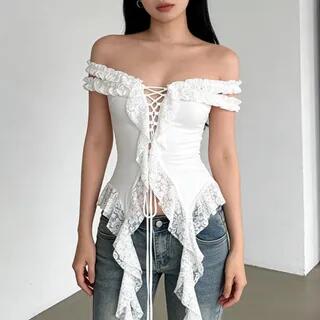 Off-Shoulder Plain Asymmetrical Lace Trim Ruffle Lace-Up Slim Fit Crop Top White by Bababy