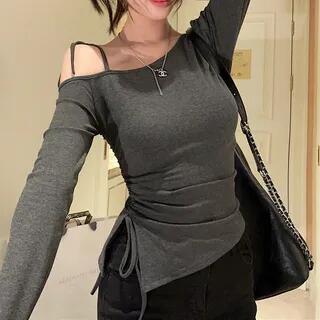Cold-Shoulder Long-Sleeve Asymmetrical Plain T-Shirt Gray by Shinsei