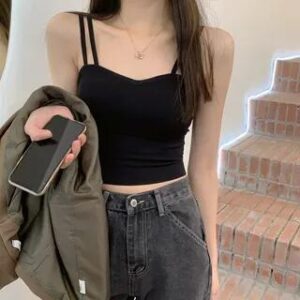 Strappy Plain Crop Top Black 281405765