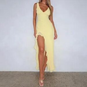 Sleeveless V-Neck Plain Ruffled-Trim Slit Midi Dress Yellow 281405986