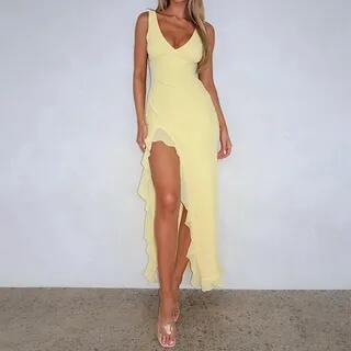Sleeveless V-Neck Plain Ruffled-Trim Slit Midi Dress Yellow by Alizio