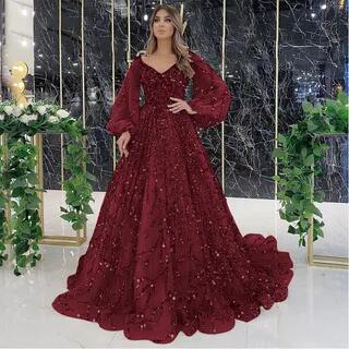 Puff-Sleeve Sequin A-Line Evening Gown Maroon by Lexama