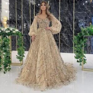 Puff-Sleeve Sequin A-Line Evening Gown Gold 281405995
