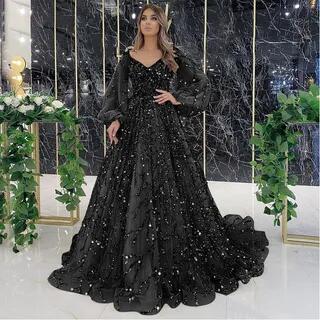 Puff-Sleeve Sequin A-Line Evening Gown Black by Lexama