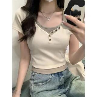 Short-Sleeve Scoop Neck Mock Two Piece T-Shirt Almond by Magimomo
