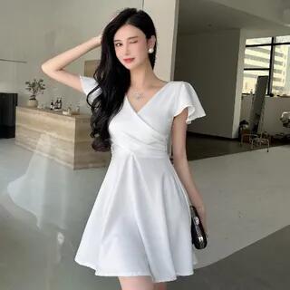 Short Flounce Sleeve V-Neck Plain Mini A-Line Dress White by Yilda