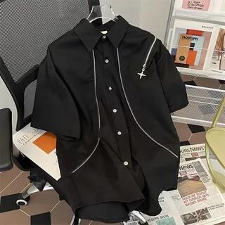 Zip-Accent Short-Sleeve Shirt Black by Banash