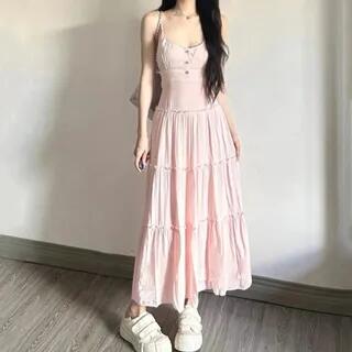 Spaghetti Strap Plain Tiered Button Maxi A-Line Dress Pink by KUMI