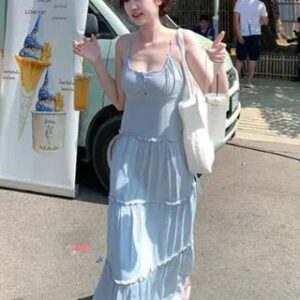 Spaghetti Strap Plain Tiered Button Maxi A-Line Dress Blue 281406125