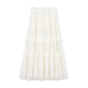 Elastic Waist Plain Ruffle Panel Maxi A-Line Skirt Almond 281406134