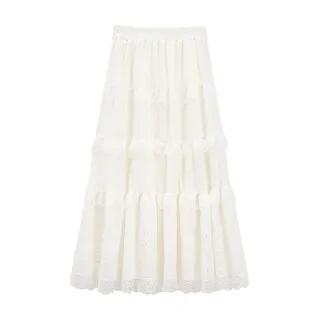 Elastic Waist Plain Ruffle Panel Maxi A-Line Skirt Almond by Rosesand