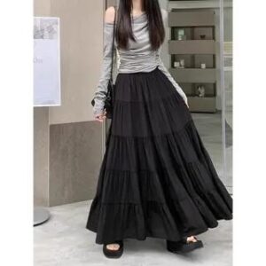 Elastic Waist Plain Tiered Maxi A-Line Skirt Black 281406142