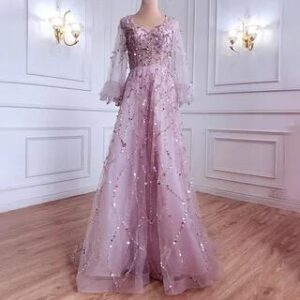 Puff-Sleeve Sequin A-Line Evening Gown Pink 281406160