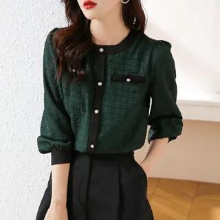 Elbow Sleeve Crew Neck Contrast Trim Blouse Green by Bolgivy