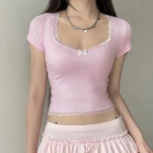 Short Sleeve / Long Sleeve Square-Neck Lace-Trim Plain Slim-Fit Crop Top Pink 281406290