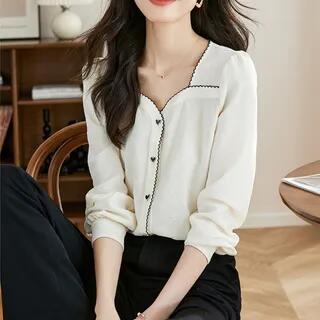Long-Sleeve Button-Up Contrast Trim Blouse Off-White by Jeonseon
