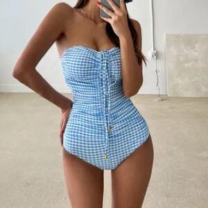 Strapless Plaid Swimsuit Blue 281406318