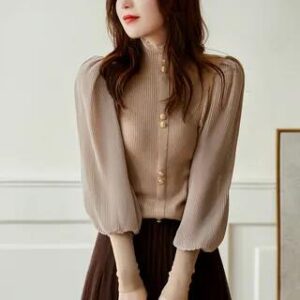 Long-Sleeve Turtleneck Plain Chiffon Panel Button Accent Frill Trim Knit Top Khaki 281406321
