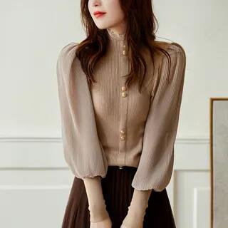 Long-Sleeve Turtleneck Plain Chiffon Panel Button Accent Frill Trim Knit Top Khaki by Lewwe