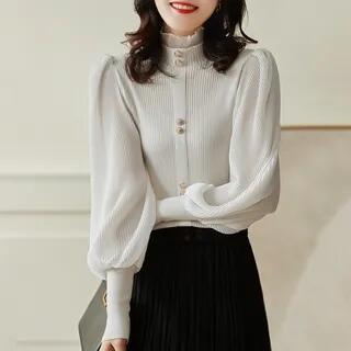 Long-Sleeve Turtleneck Plain Chiffon Panel Button Accent Frill Trim Knit Top White by Lewwe