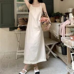 Spaghetti Strap Scoop Neck Plain Dress Midi A-Line Dress - Almond 281406371