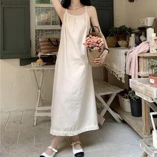 Spaghetti Strap Scoop Neck Plain Dress Midi A-Line Dress - Almond by monroll