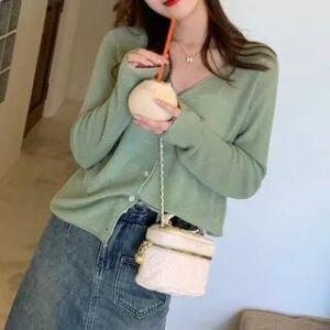 V-Neck Plain Cardigan Light Green 281406375